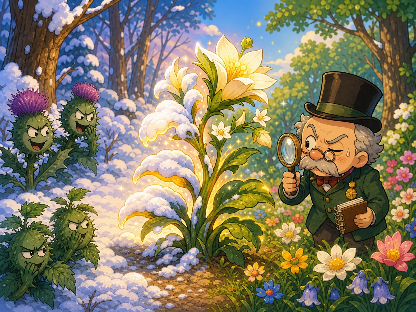 天上来的植物在雪中发光并开出花，小小的教授拿着放大镜研究它。