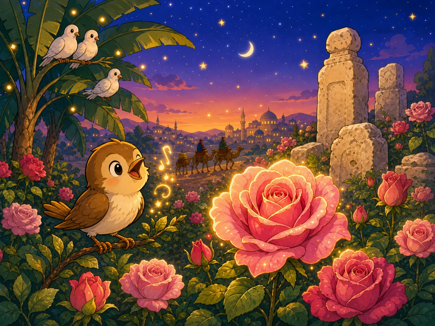 星光下的大头卡通夜莺在古老石旁,对着发光的玫瑰篱笆歌唱。