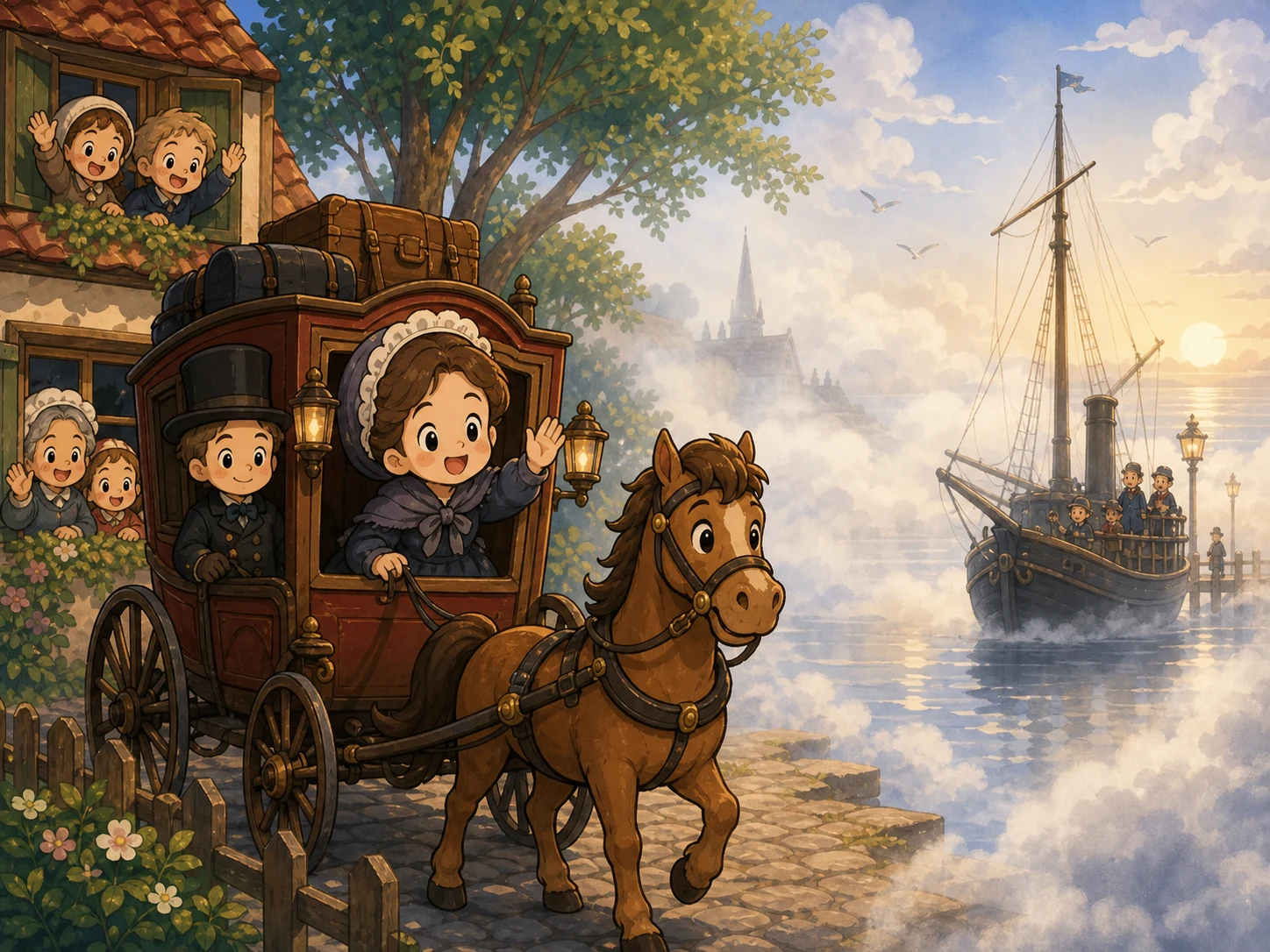 年轻的外祖母坐马车离开奥登斯，雾中的小帆船停在银色水面上。