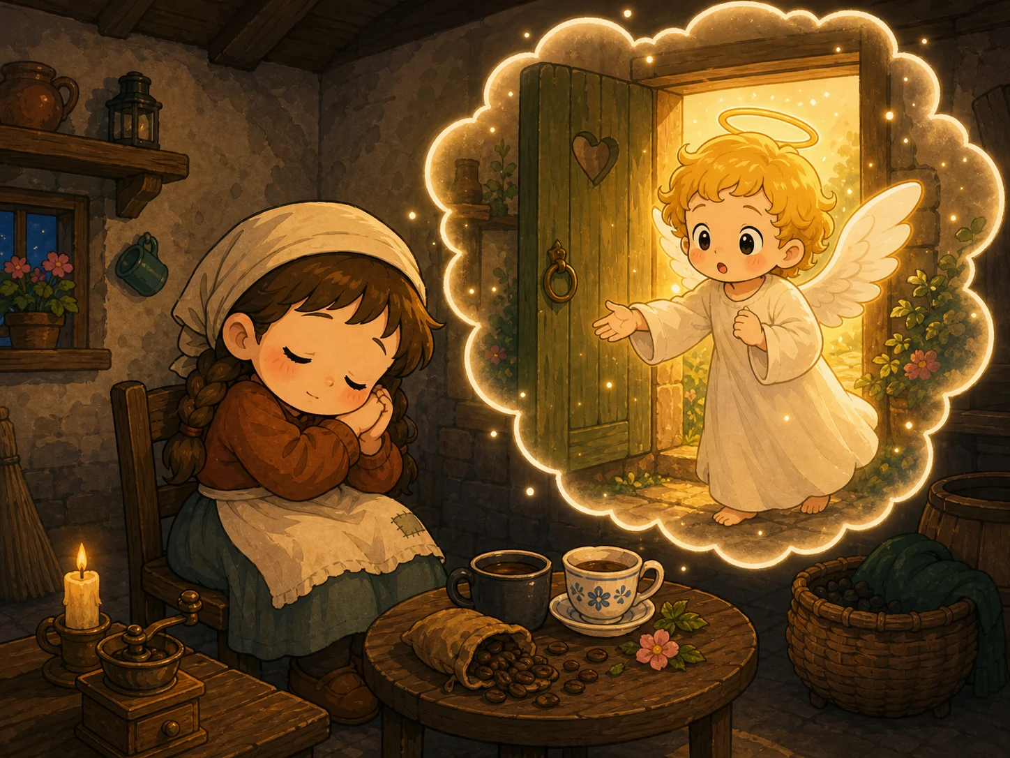 安妮·莉丝贝特在简陋小屋里睡着，温柔的金色孩子天使从门口向她伸手。