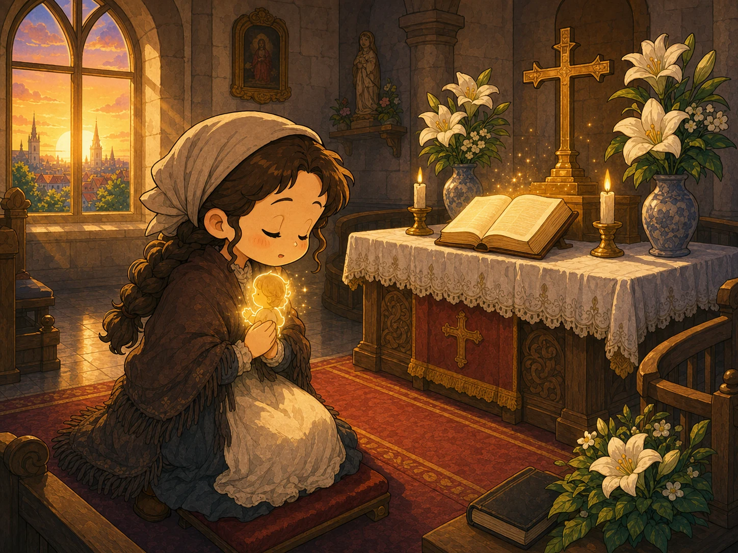 夕阳照进安静教堂，安妮·莉丝贝特在打开的圣经旁平静祈祷，心口有一团金色孩子般的光。