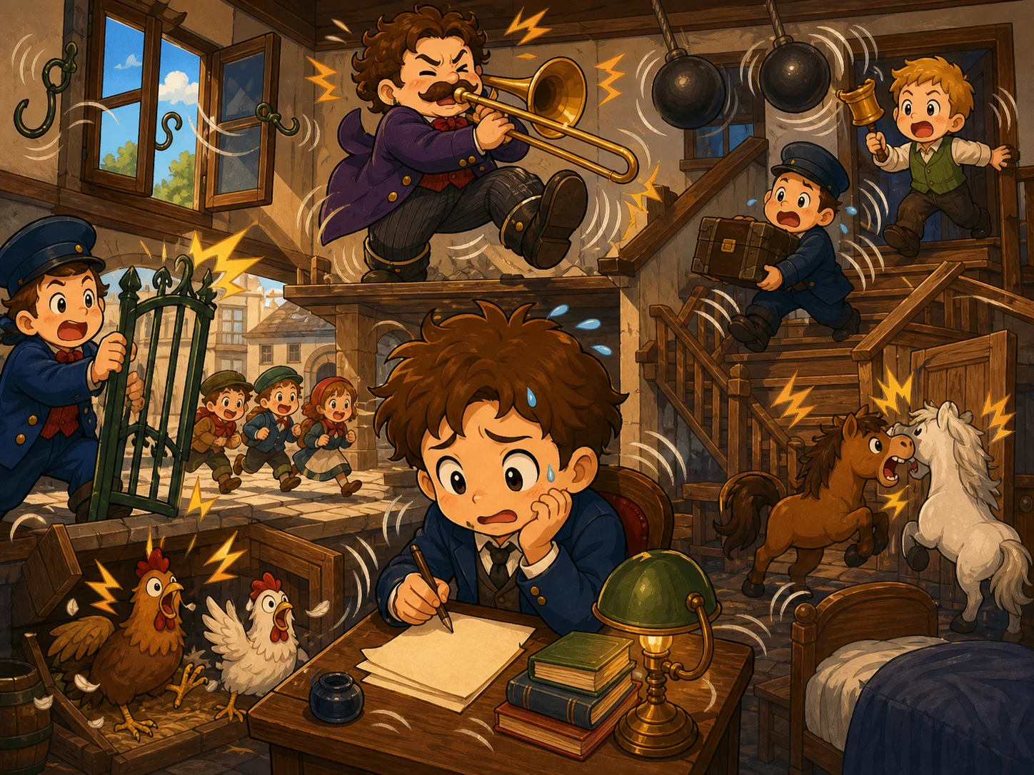 学生试着在吵闹公寓写作，四周有响门、铃、靴子、鸡、小马、孩子和滚动的铁球。