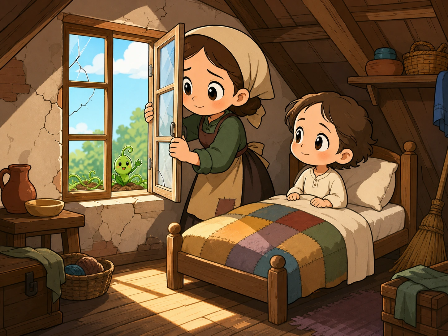 朴素顶楼小屋里,温柔母亲打开窗子,虚弱的小女儿看见探进来的绿色小芽。