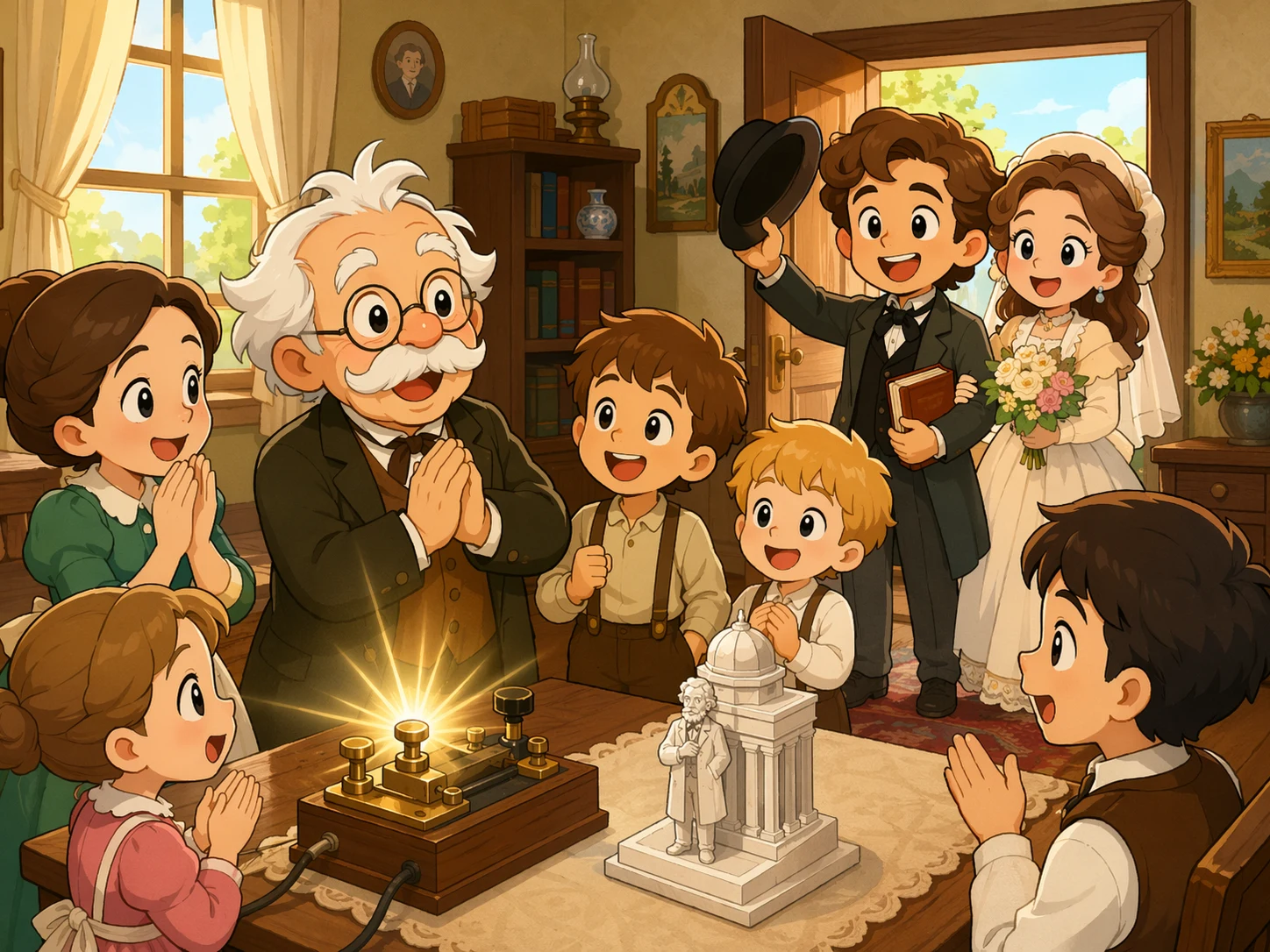 明亮家庭早餐桌旁，曾祖父欣慰合手，腓德烈和新娘从温暖敞开门口平安归来。