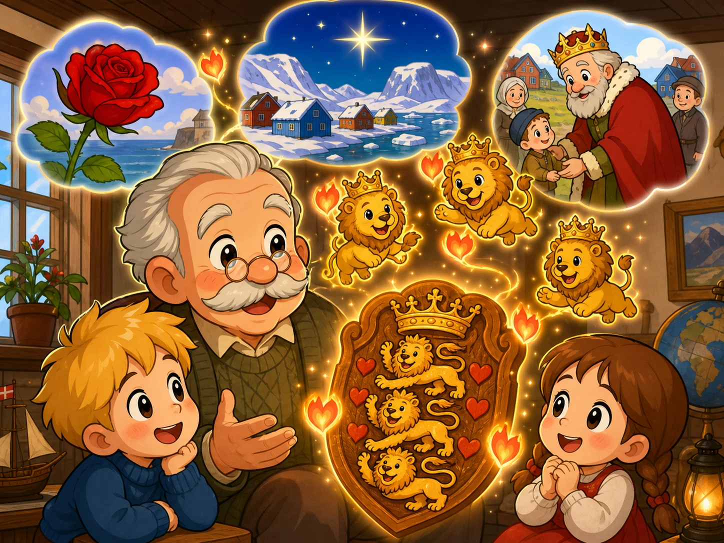 弗雷德里克在友善船上挥手，电报把金色问候点跨过海洋送给家中的家人。