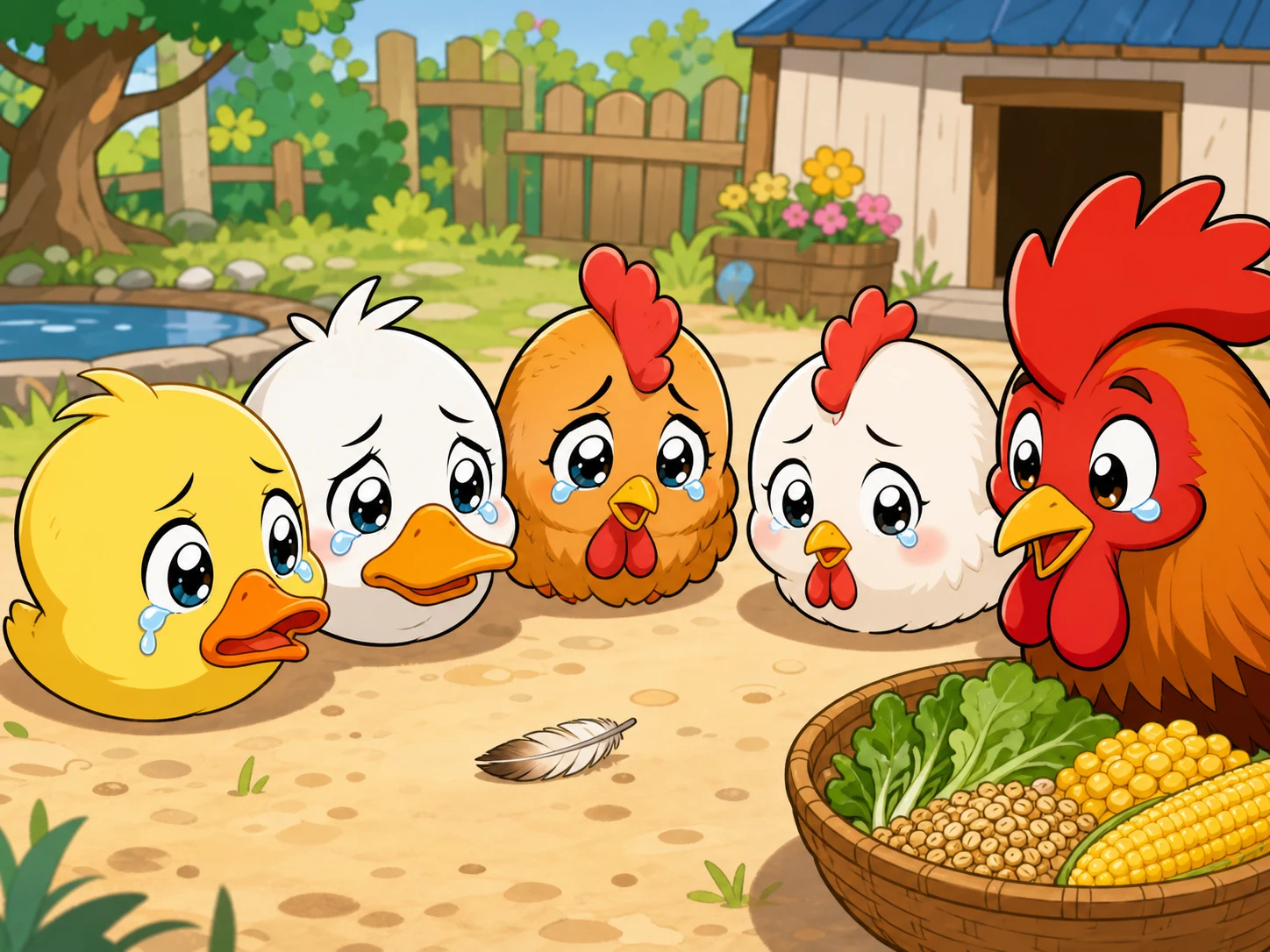 一根羽毛躺在温暖光线里，鸭子、母鸡和公鸡夸张地流泪，随后一起望向食物篮。