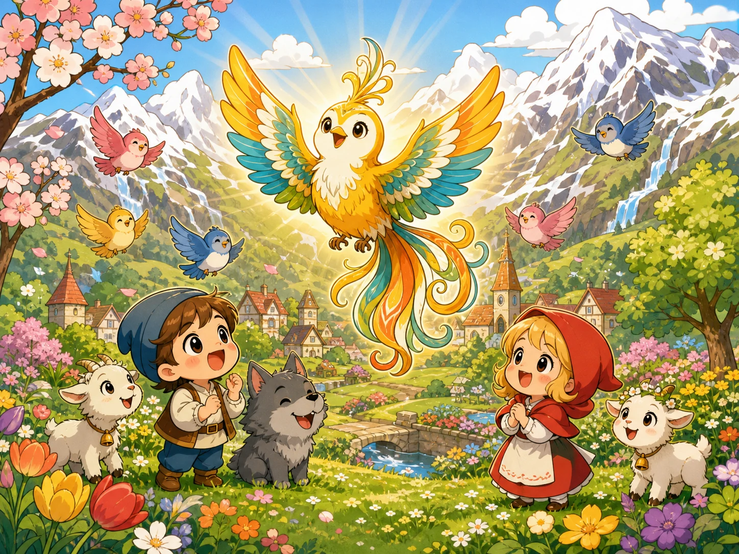 明亮的民间传说鸟和归来的彩色鸟儿飞过鲜花盛开的春日山谷，孩子与友善动物欢迎它们。