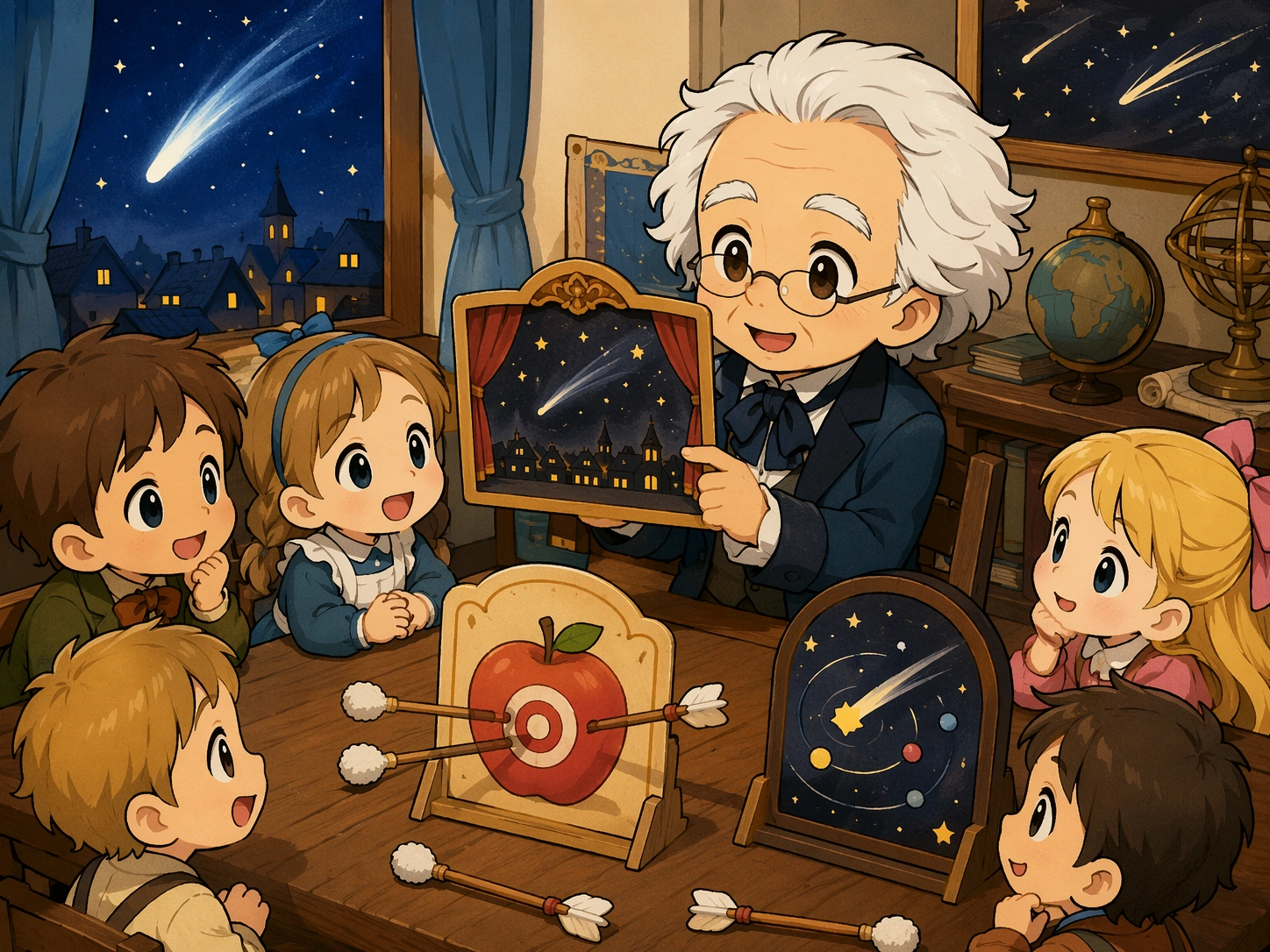 老校长用彗星星图和安全的纸剧场历史卡片给孩子们上课。