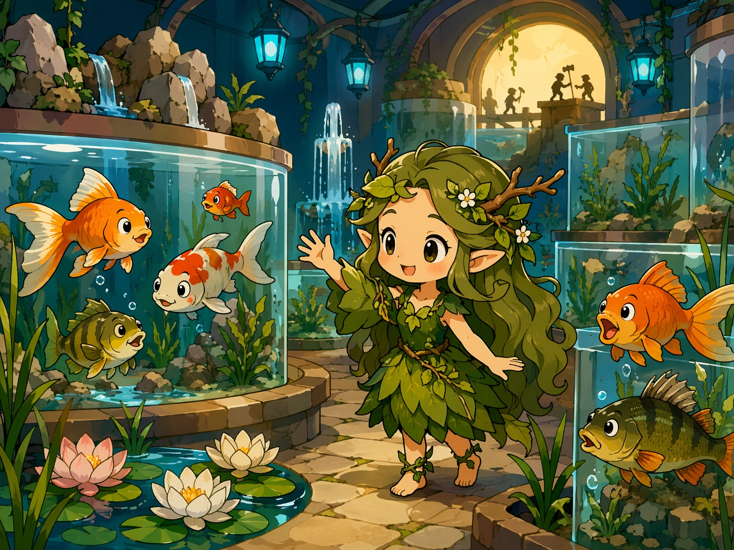 树精在博览会水族洞里向金鱼和鲤鱼问候，周围有睡莲和蓝色灯光。