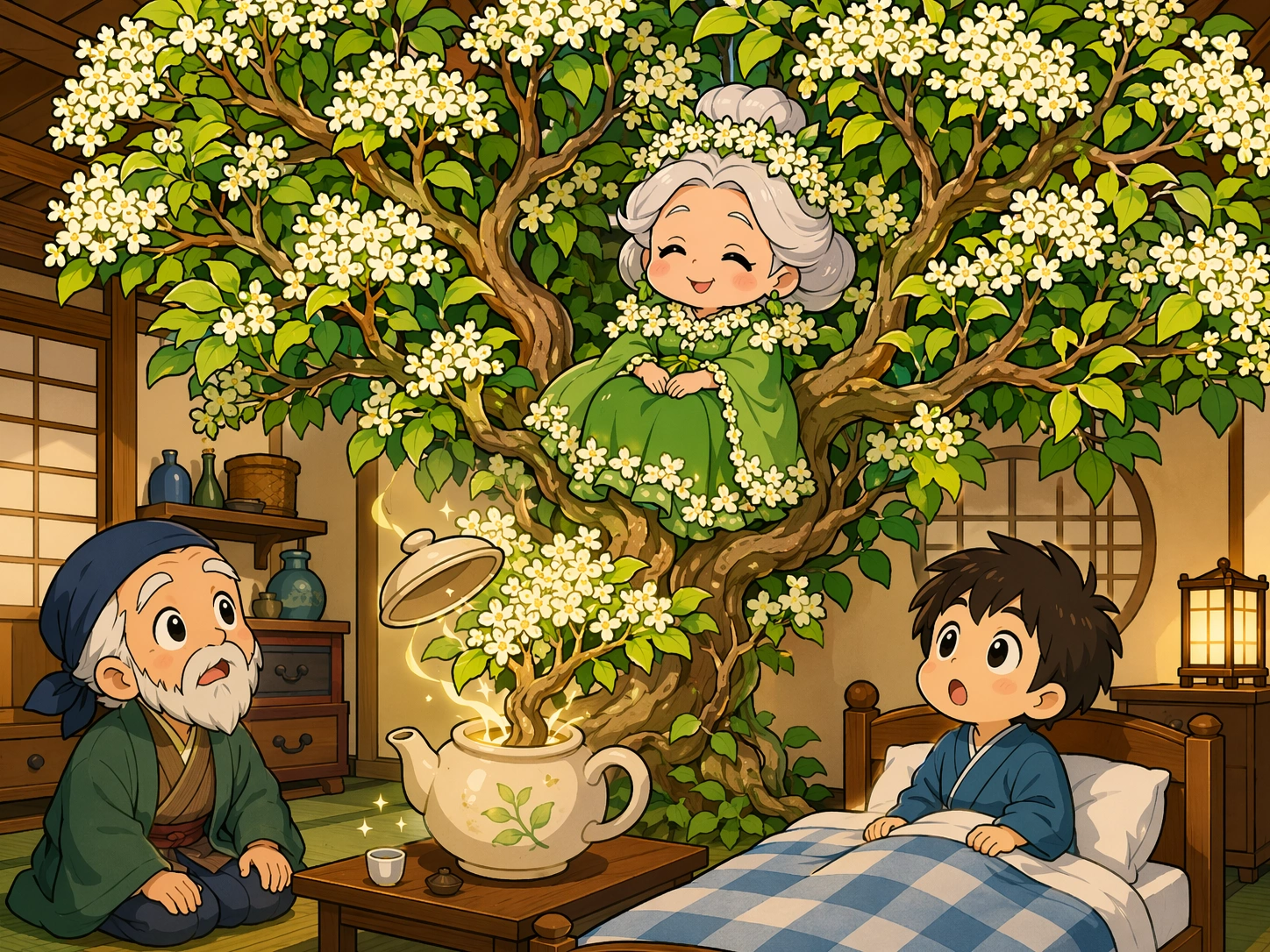 白色接骨木花从茶壶里长成一棵树，接骨木树妈妈在花间微笑。