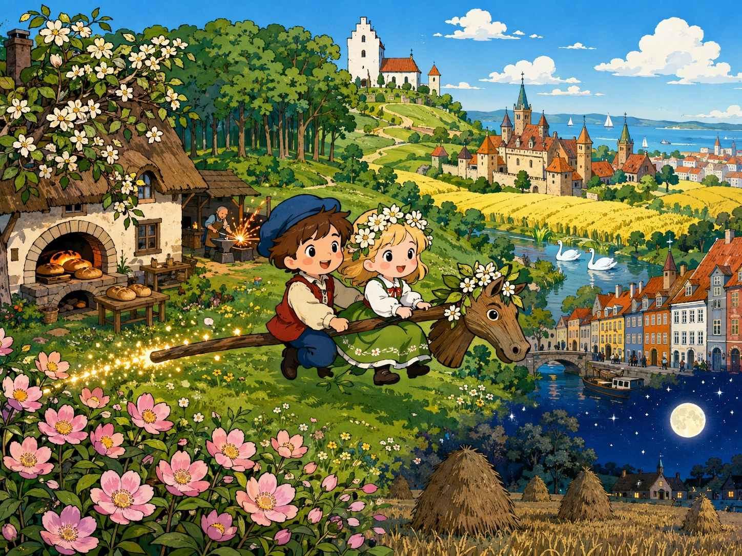 男孩和接骨木花女孩骑着魔法马穿过明亮的丹麦春夏全景。