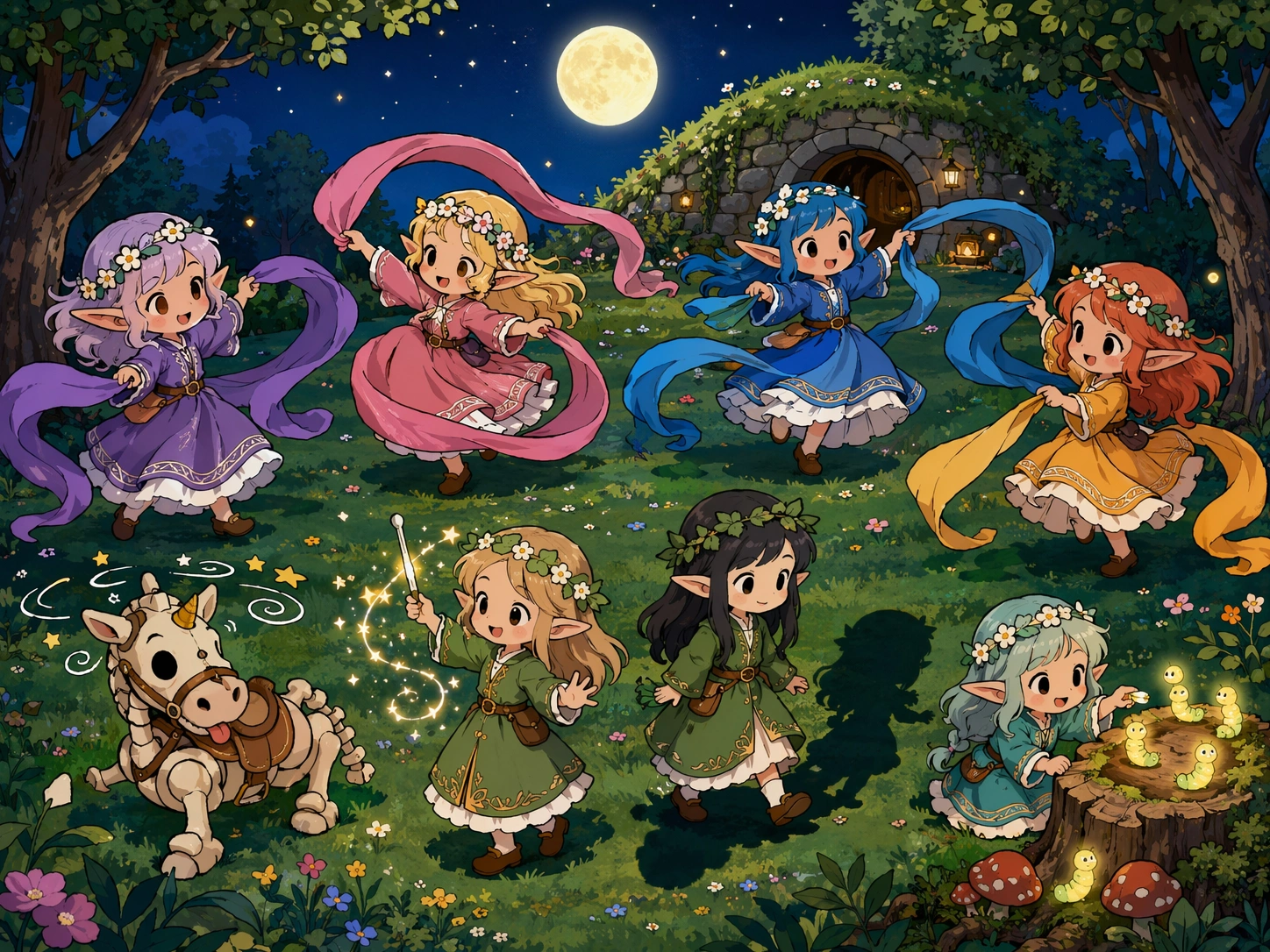 精灵女儿们旋转长巾、展示月光魔法，玩具骨马滑稽地转晕了。