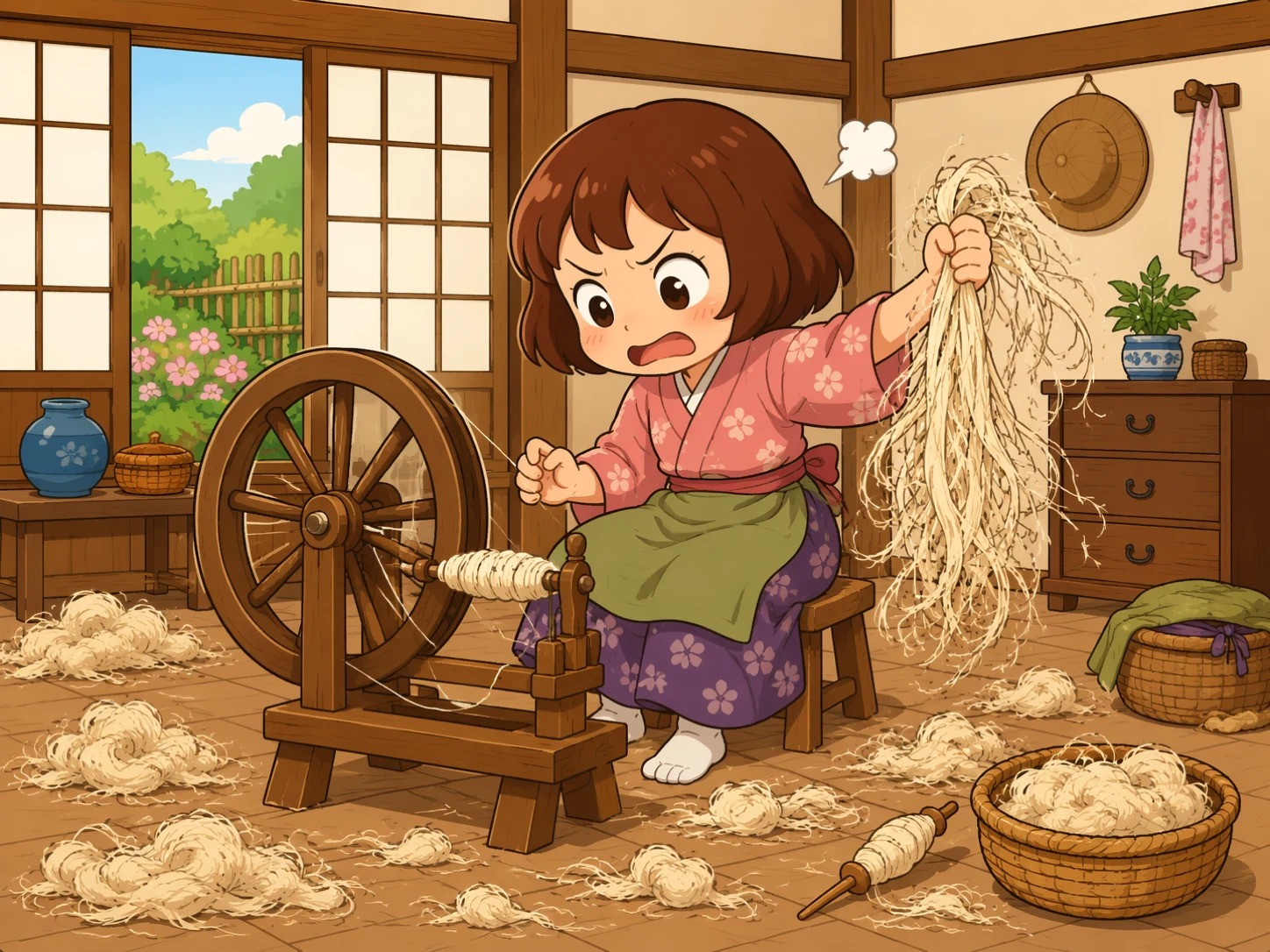 友善村民把亚麻带过闪亮水槽和温暖作坊，亚麻把每个新阶段都想象成滑稽冒险；画面不表现痛苦。