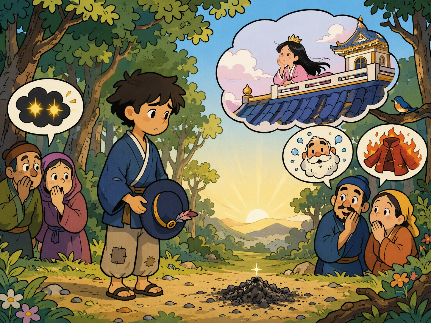 森林里，人们传说着夸张的画面，旅人发现飞箱只剩一小堆灰。