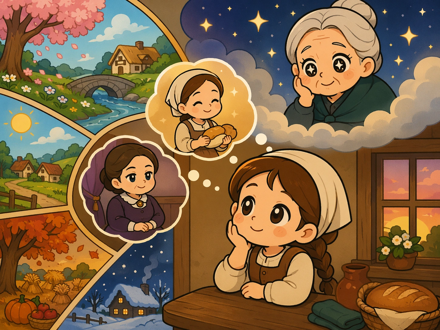 四季和回忆泡泡围绕英娥，一位星眼老妇温柔地想起她。