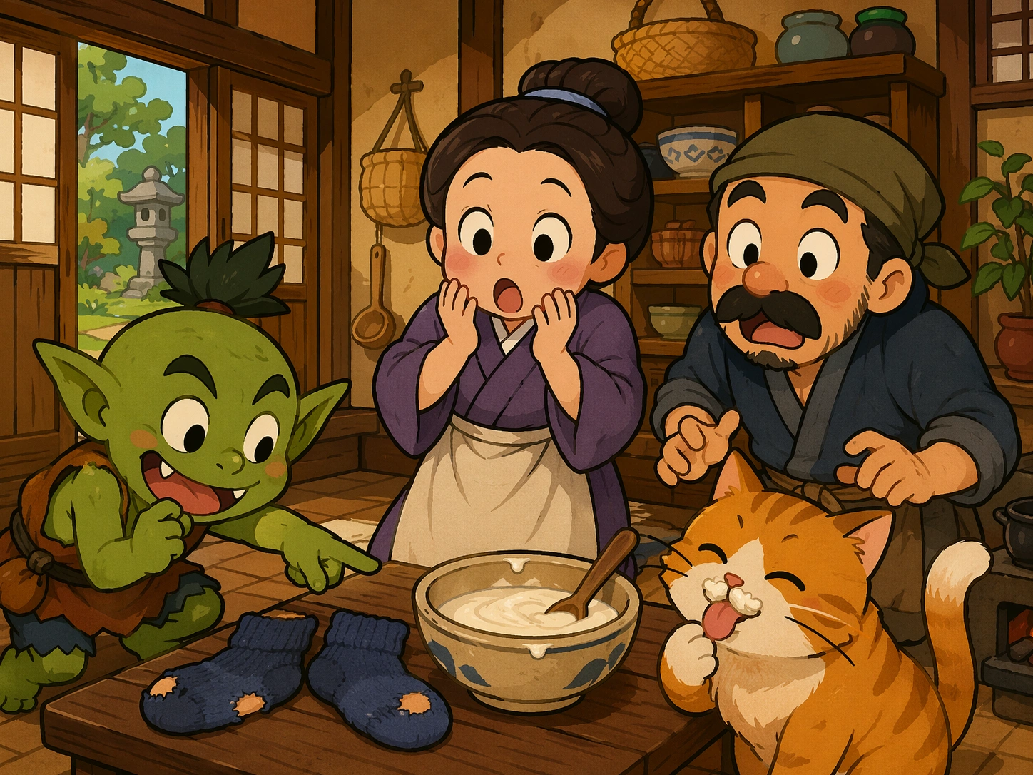 小妖精指着袜子、奶油和沾了奶油胡子的猫，一家人滑稽地惊讶起来。