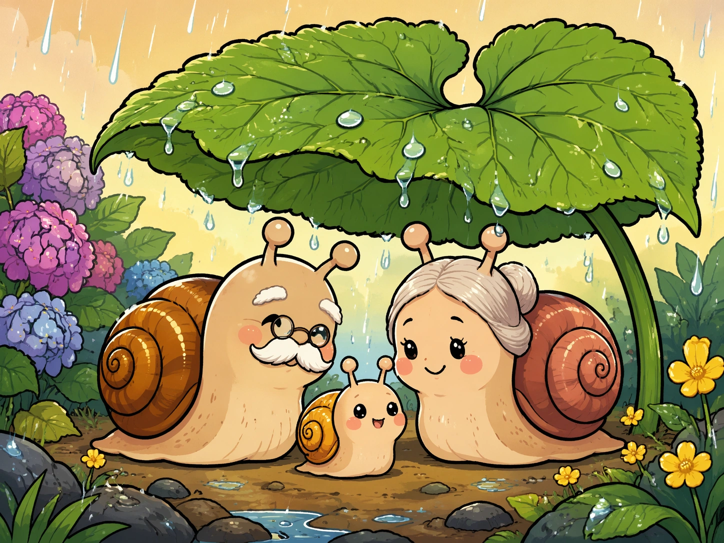 老蜗牛夫妇在带雨珠的牛蒡叶下看着它们收养的小蜗牛。