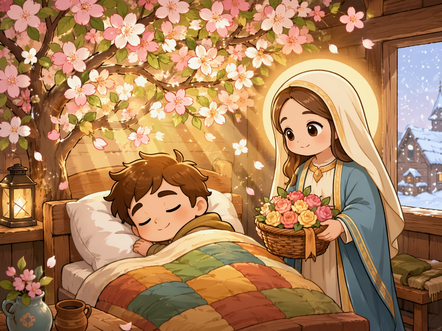 小睡帽漂在欢快故事书桌上方，大头朋友们传递空白卡片和彩色音乐护符。