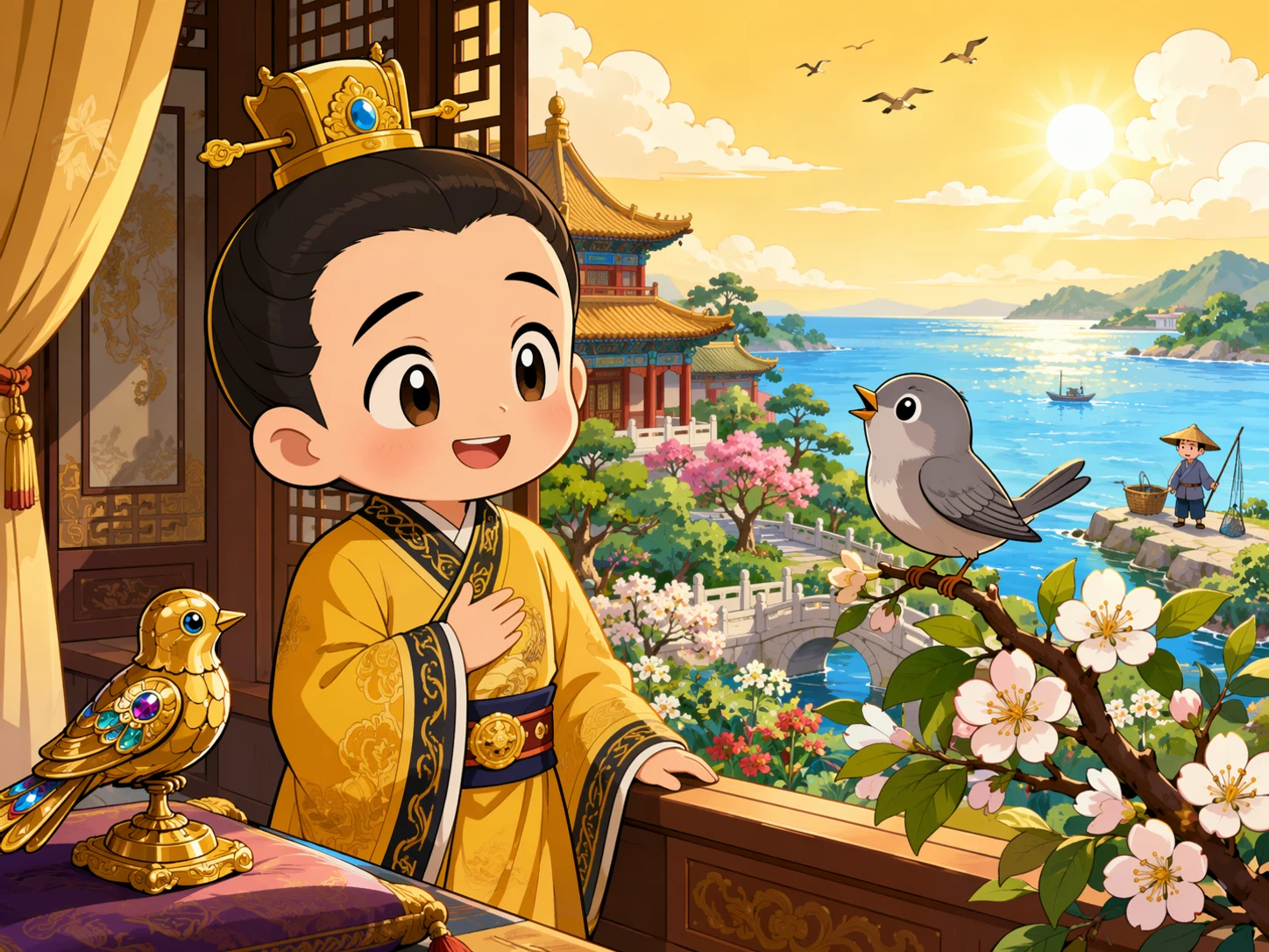 日出时,恢复精神的大头皇帝向回来的侍从道早安,夜莺在敞开窗外绿枝上歌唱。