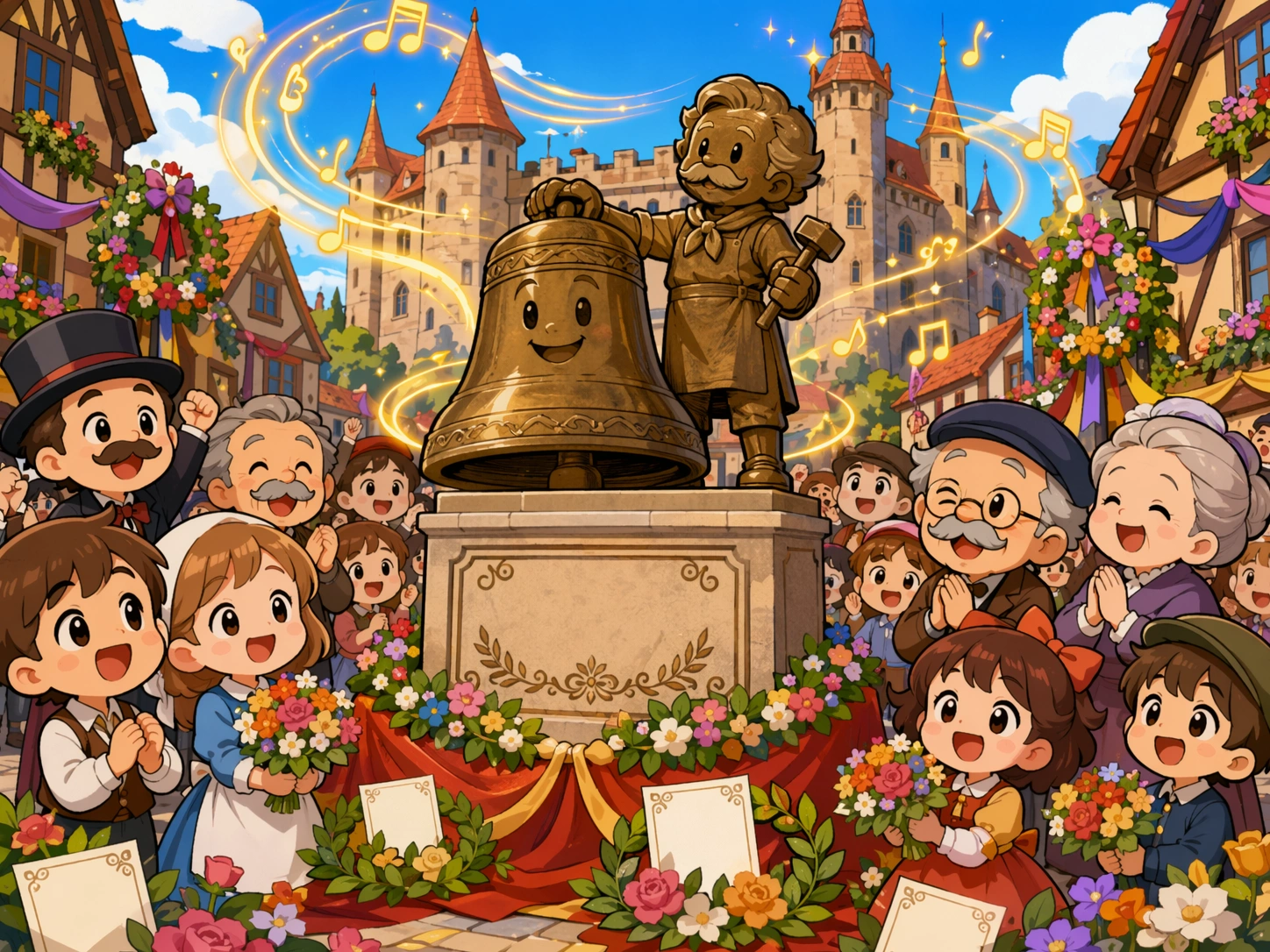 欢乐广场上，人们在空白碑座的铜像和微笑古钟旁庆祝，花束、花环、孩子和金色钟声环绕四周。