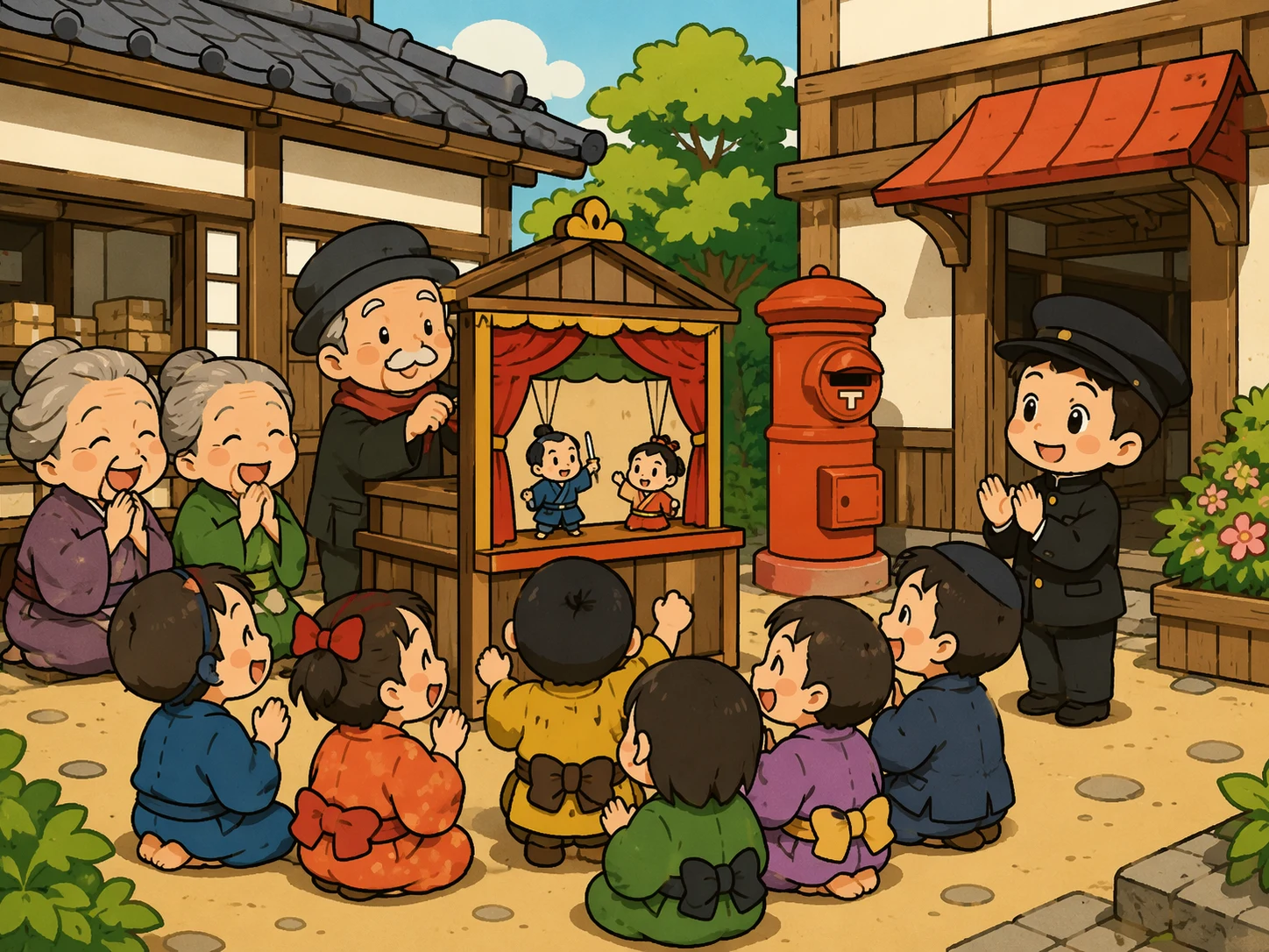 小小大头木偶舞台让孩子们开心，友善工艺学院学生在同一院子里展示发光科学道具。