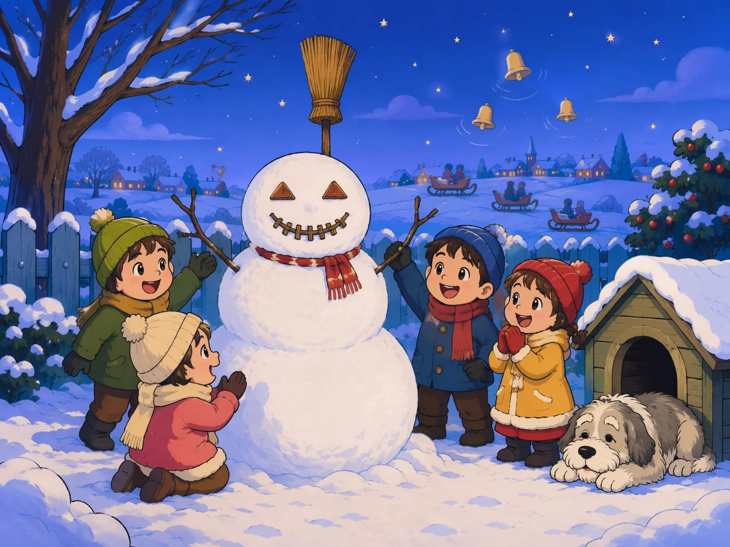 孩子们堆好雪人后,快乐的大头雪人在明亮月光下遇见老看家狗。