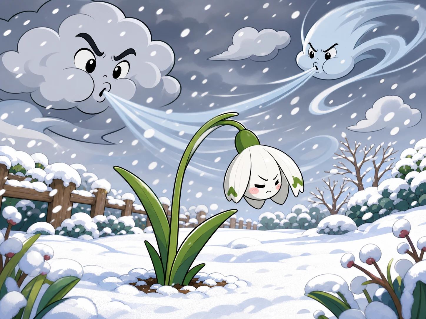 严厉的云和风把雪吹向勇敢的雪花莲，它低下头却没有折断。