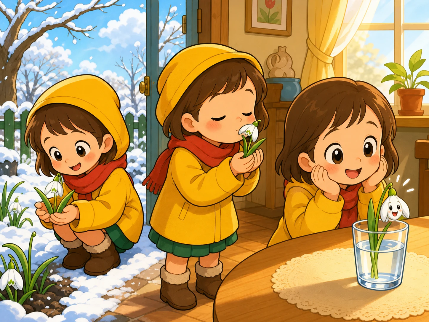 孩子从雪地花园中轻轻捧起雪花莲，带进温暖房间，花在水杯里微笑。