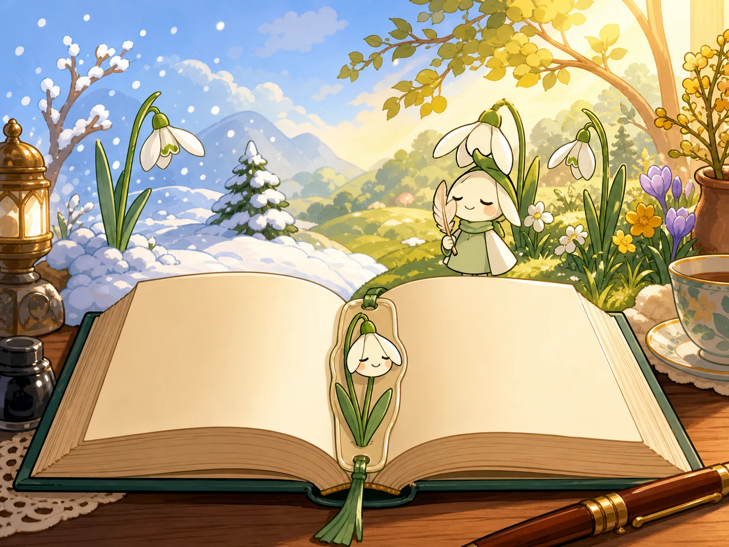 安静的雪花莲书签躺在空白打开的书里，背后冬天和夏天的景色发着光。