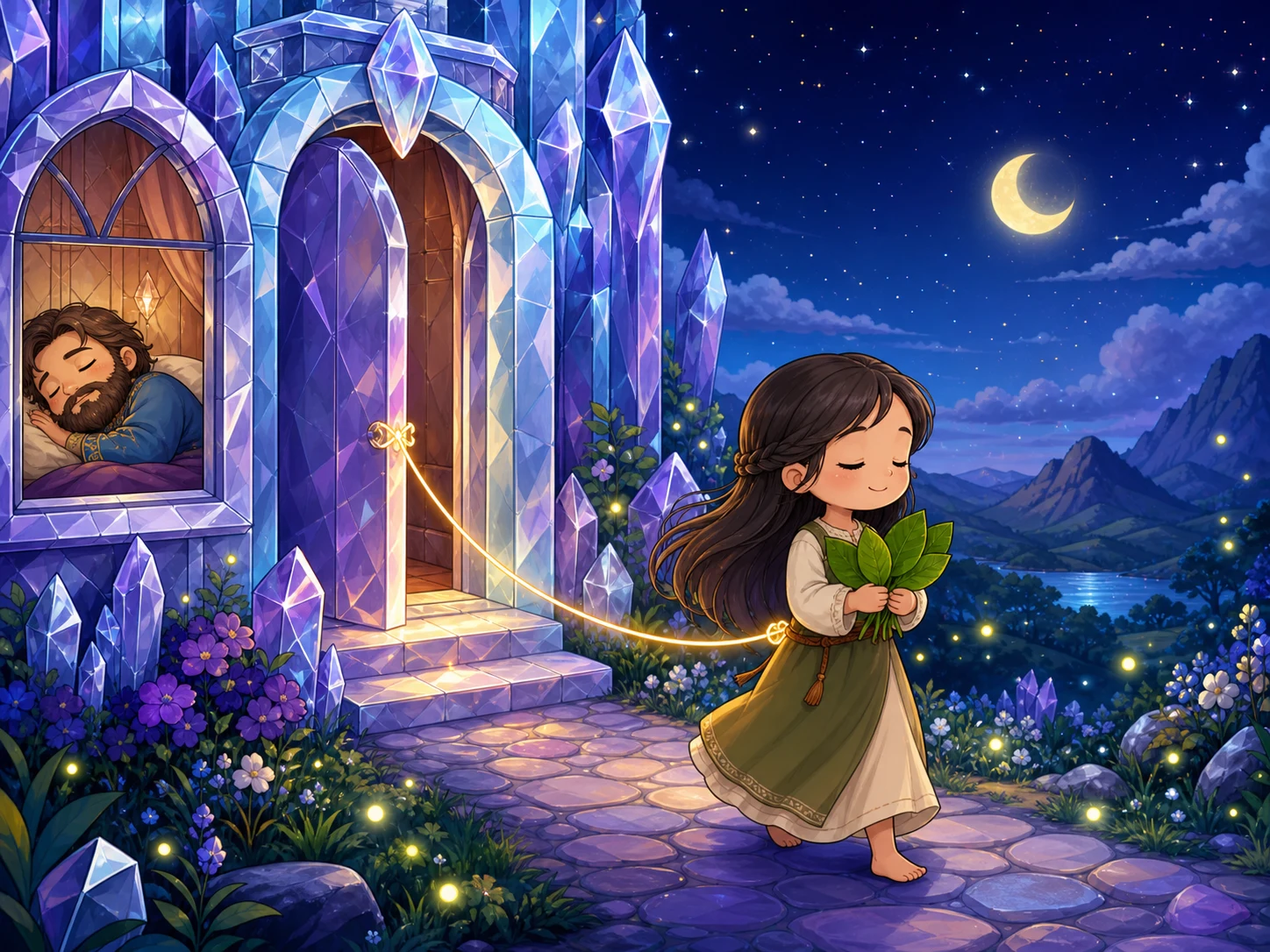 盲女儿在夜里带着四片绿叶离开水晶城堡，一根发光细线系在门上。