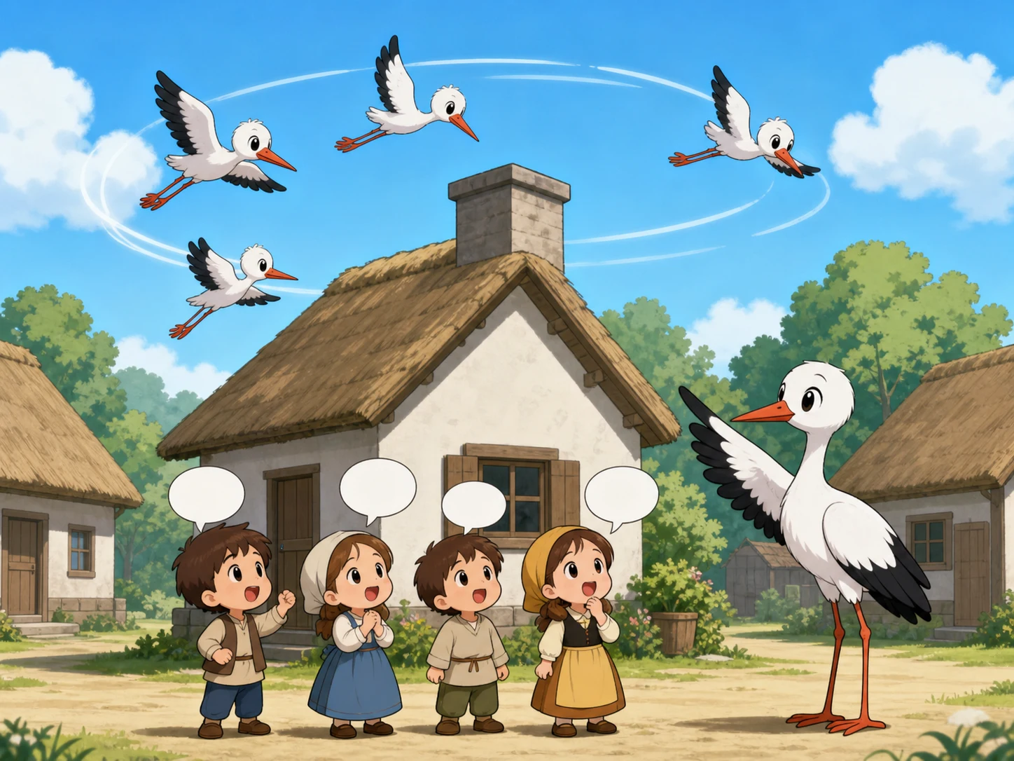小鹳鸟绕着民居烟囱盘旋，下面孩子们举着空白歌泡，妈妈指向天空。