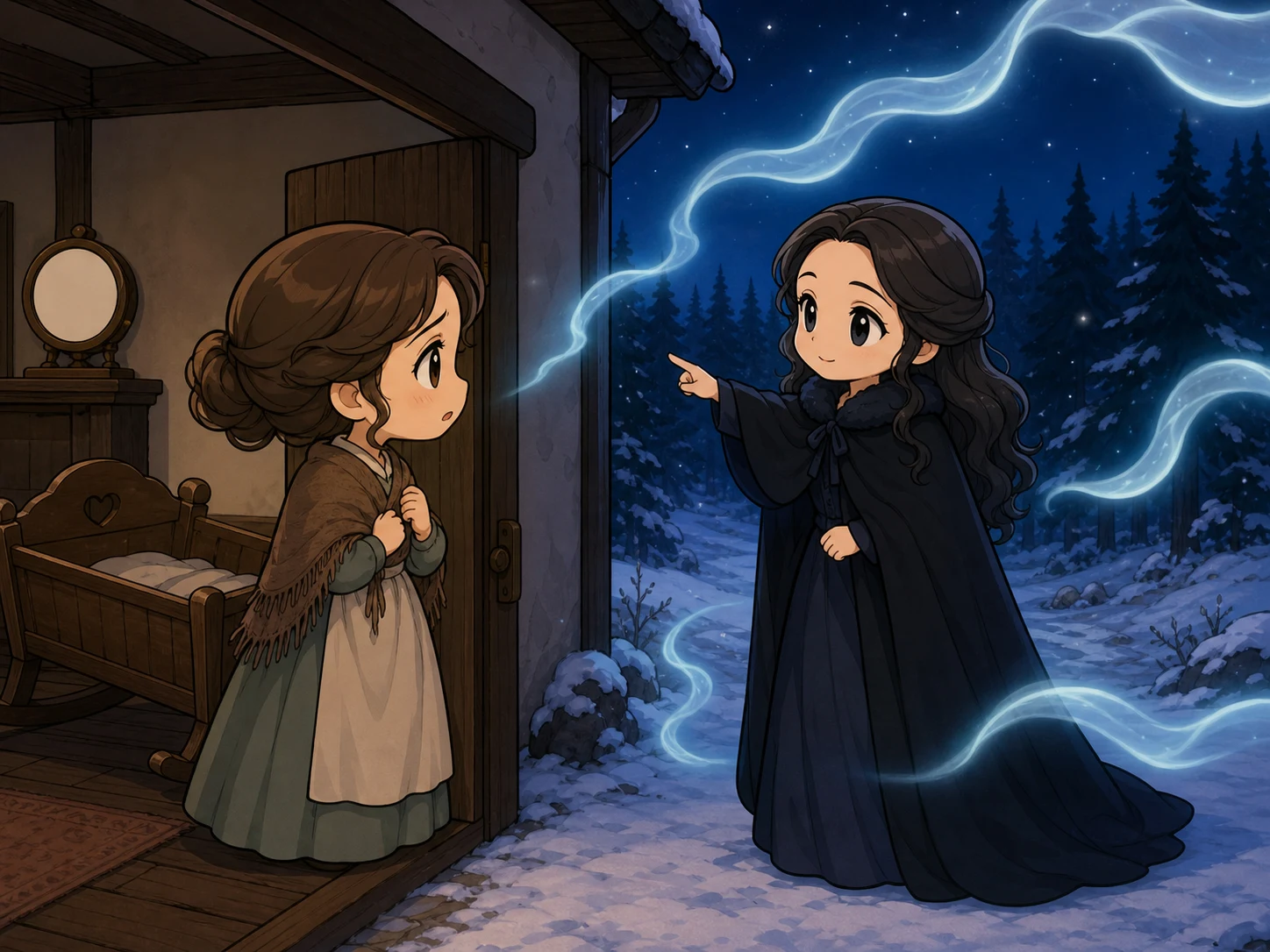 母亲站在空摇篮和空白钟面旁，披深色斗篷的平静女子指向雪夜松林。