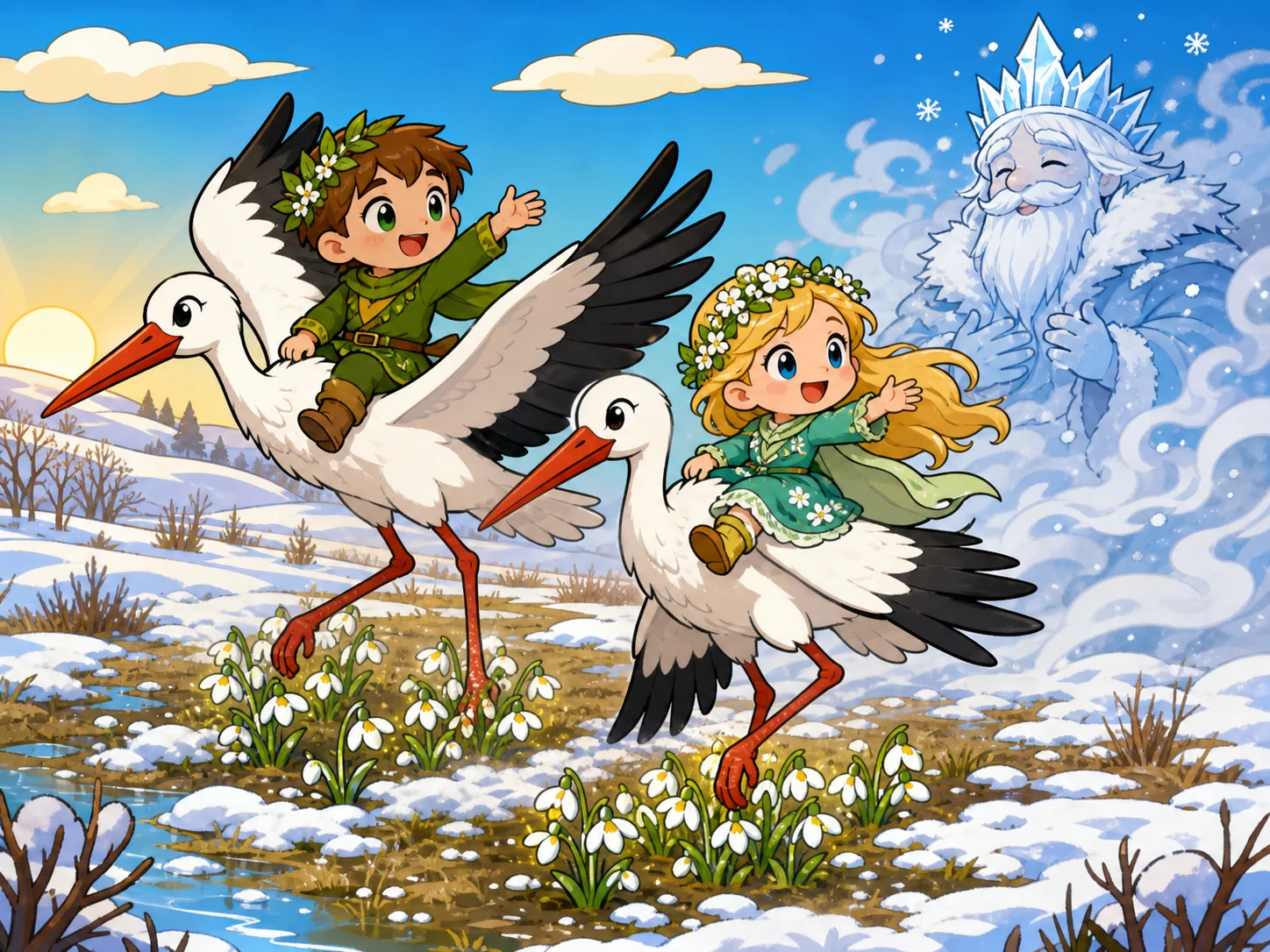 两只鹳鸟带着欢笑的春天孩子飞过融雪，白色小花开放，冬天化成雾气。
