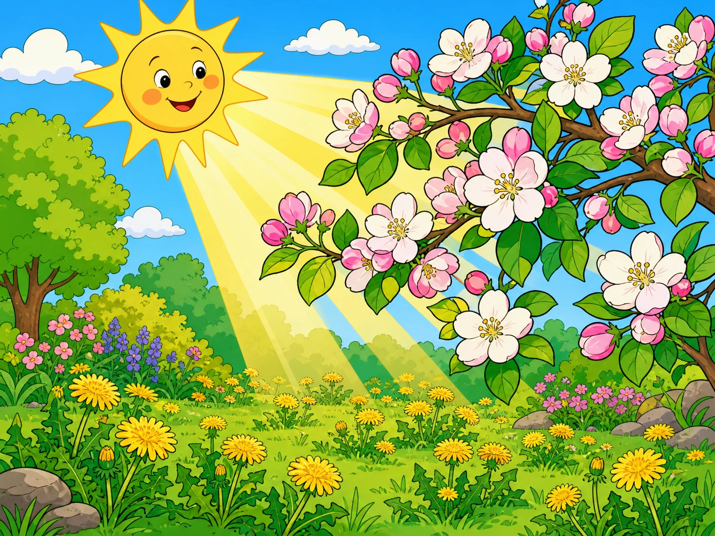 微笑的阳光平等地照在苹果花枝和开满黄色蒲公英的草地上。