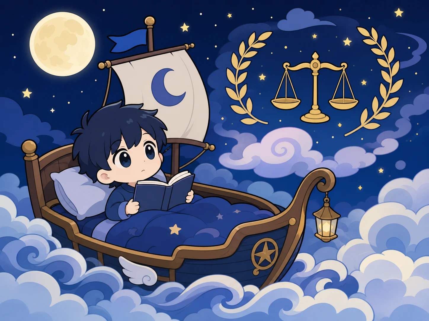 月光把小男孩的床变成云海上的温柔帆船，空白书页和象征性的天平漂浮在上方。