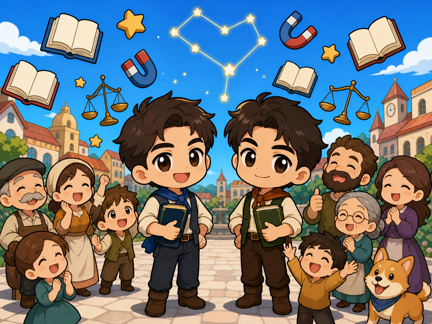 两个长大的兄弟站在明亮小镇广场，周围是空白书本、星星、磁铁、天平、家人和朋友。