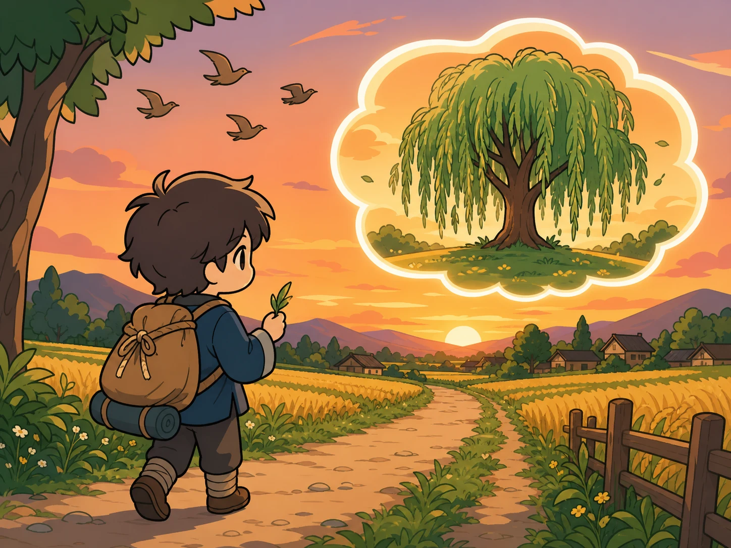 归乡路上,旅人带着柳叶纪念物,发光的柳树梦在温暖夕阳中为他指路。