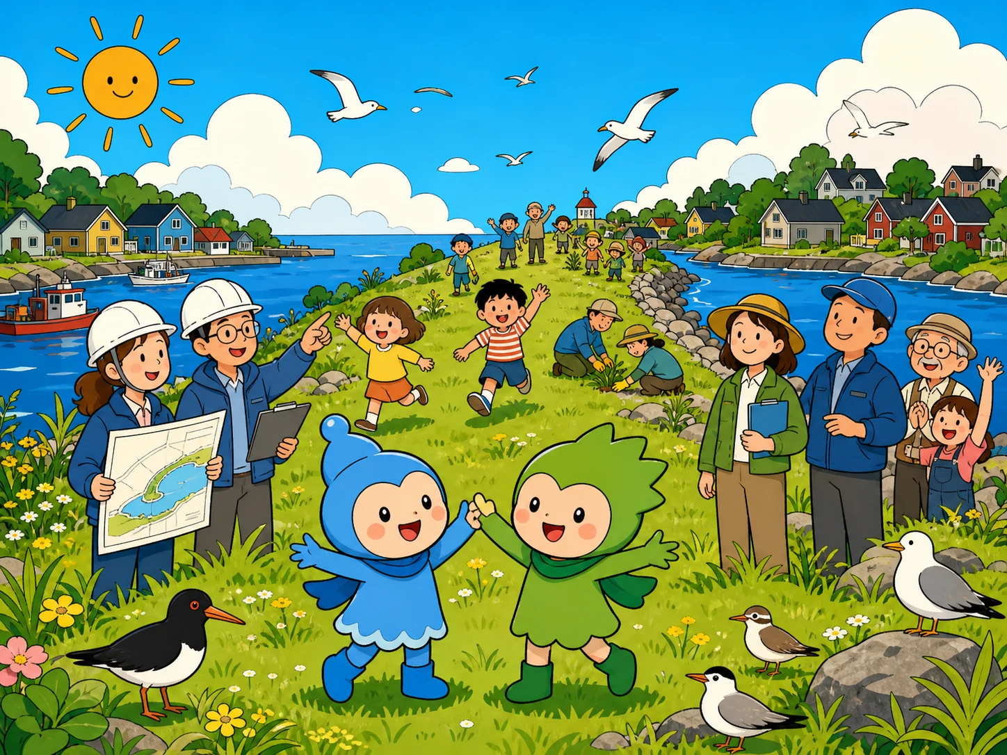 孩子、工程师、海鸟和岛屿大头角色在明亮的绿色海岸堤坝上庆祝。