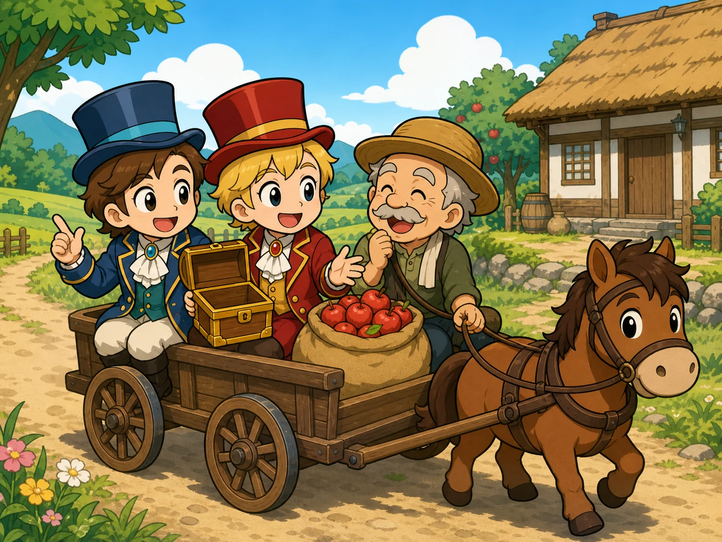 两位友善的旅客和农夫打了个有趣的赌，然后一起乘小车前往他的农舍。
