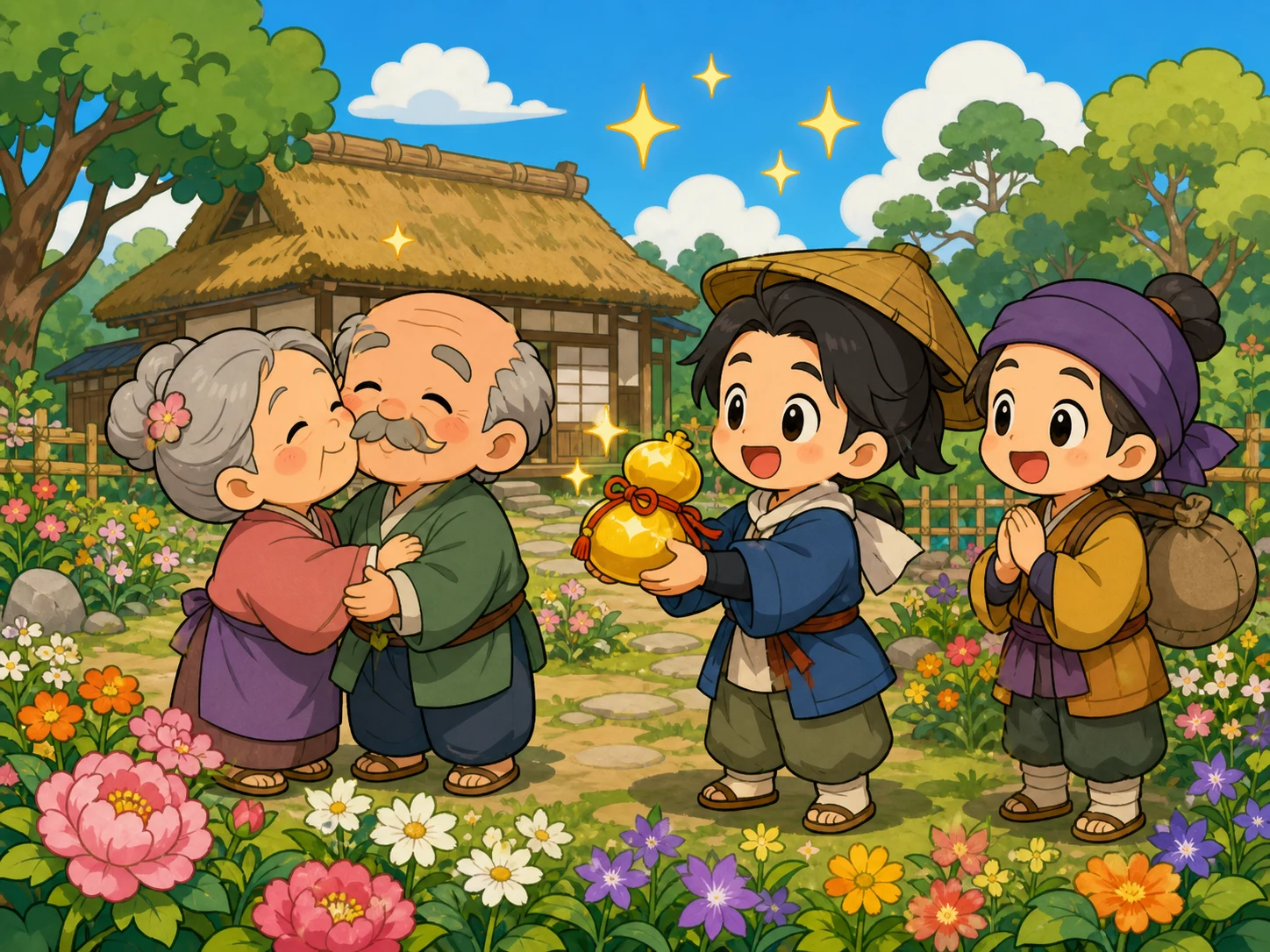 老夫妇在花园里幸福地亲吻，两位旅客送上友善的金色奖励。