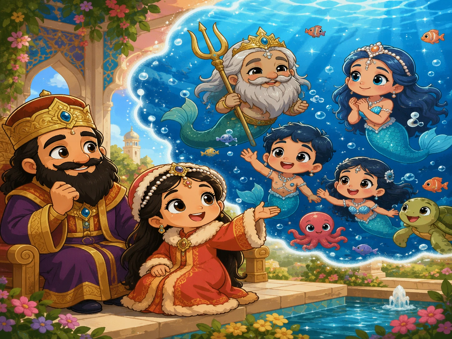 海石榴花焚烧小片沉香，柔和蓝色海浪分开，露出微笑的海中哥哥和月亮般的亲人；国王从友善屏风后观看，粗黑赛璐珞线、明亮暖色平涂、no watercolor。