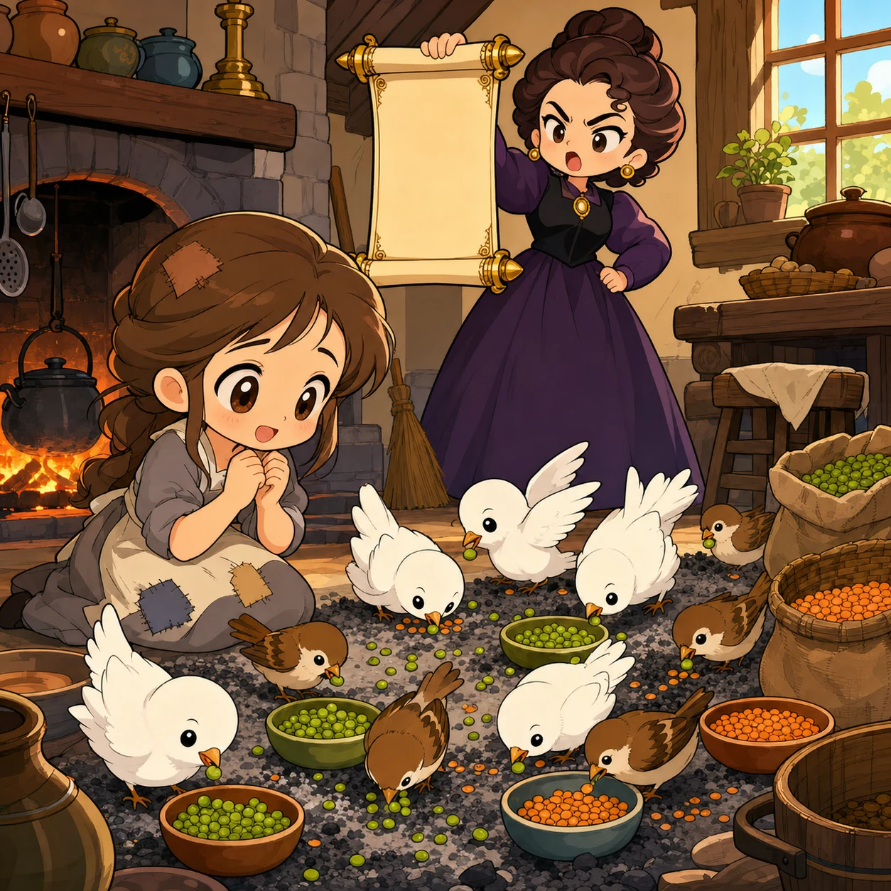小鸟们在厨房灰烬中帮忙分拣豆子,灰姑娘满怀希望地看着,继母拿着空白卷轴。