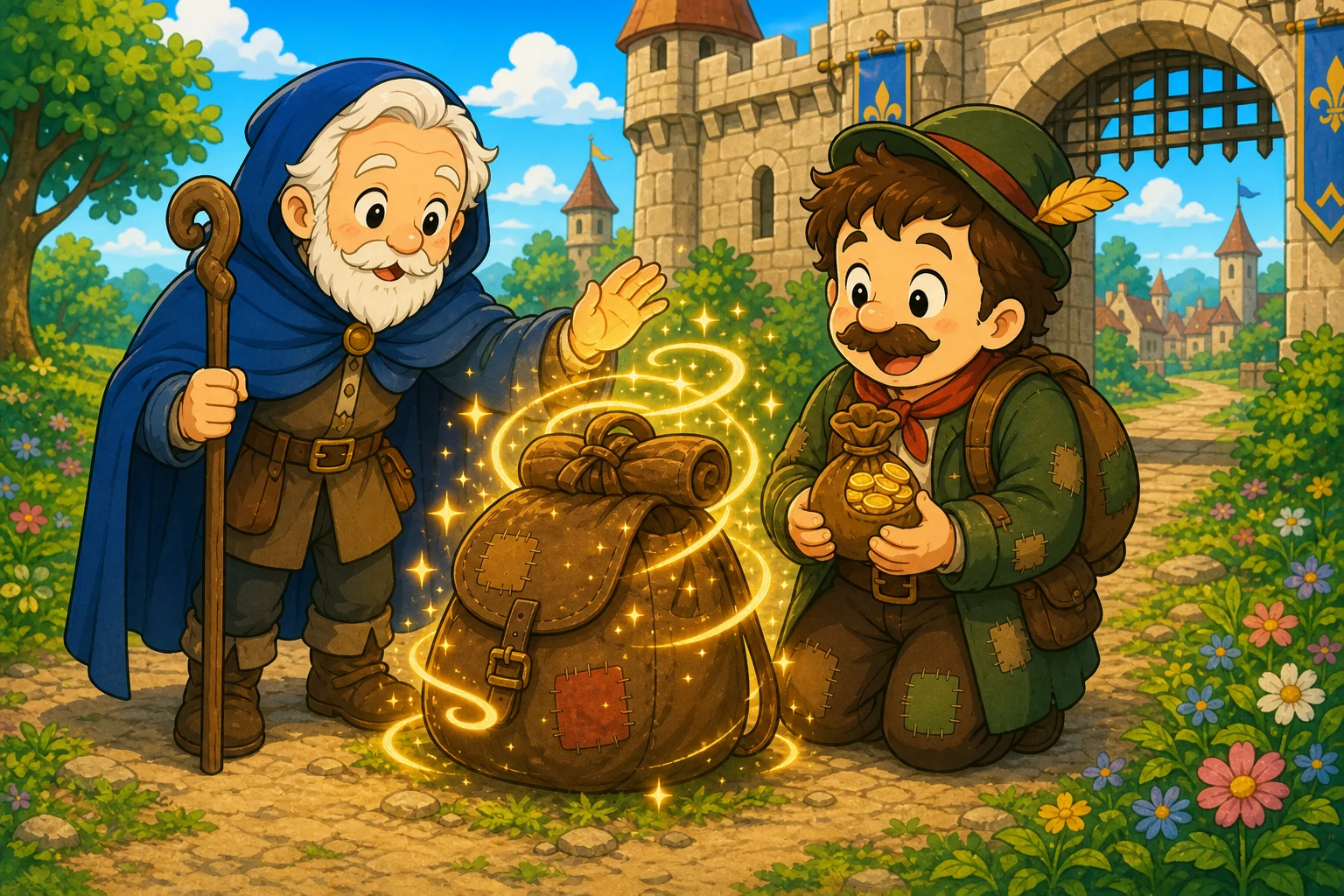 蓝斗篷旅伴用金色光芒给拉斯廷老兄的补丁背包施加魔法。