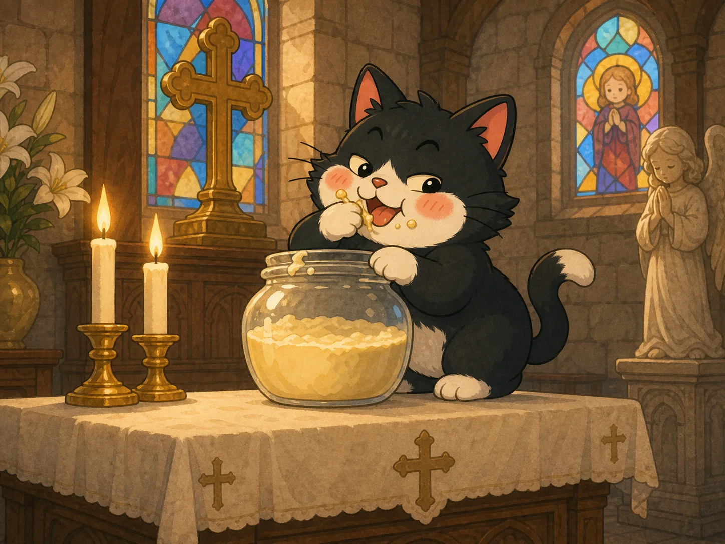 猫第二次偷吃，把猪油吃掉一半。