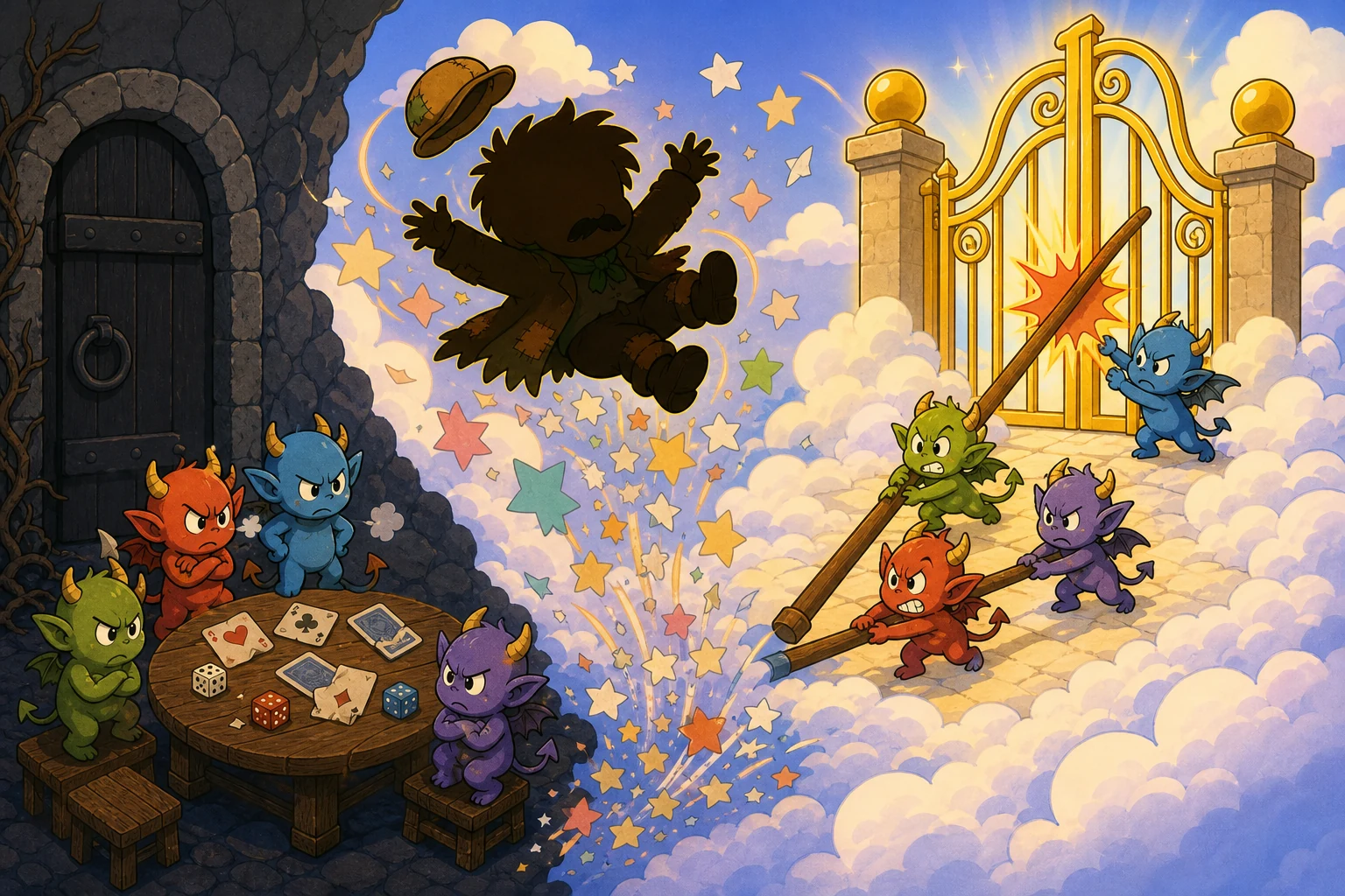 可爱小魔怪、纸牌和星星碎片围绕着汉塞尔从明亮大门边滑落的喜剧式结尾。