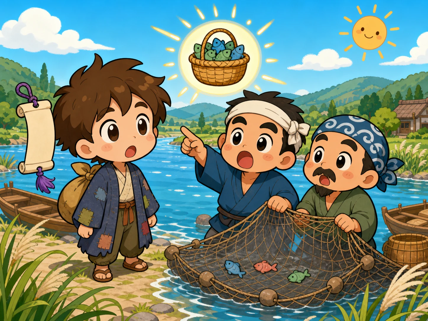 明亮河边，大头卡通渔夫们看着几乎空空的渔网，旅人念错话，场面只是无害滑稽的惊讶。