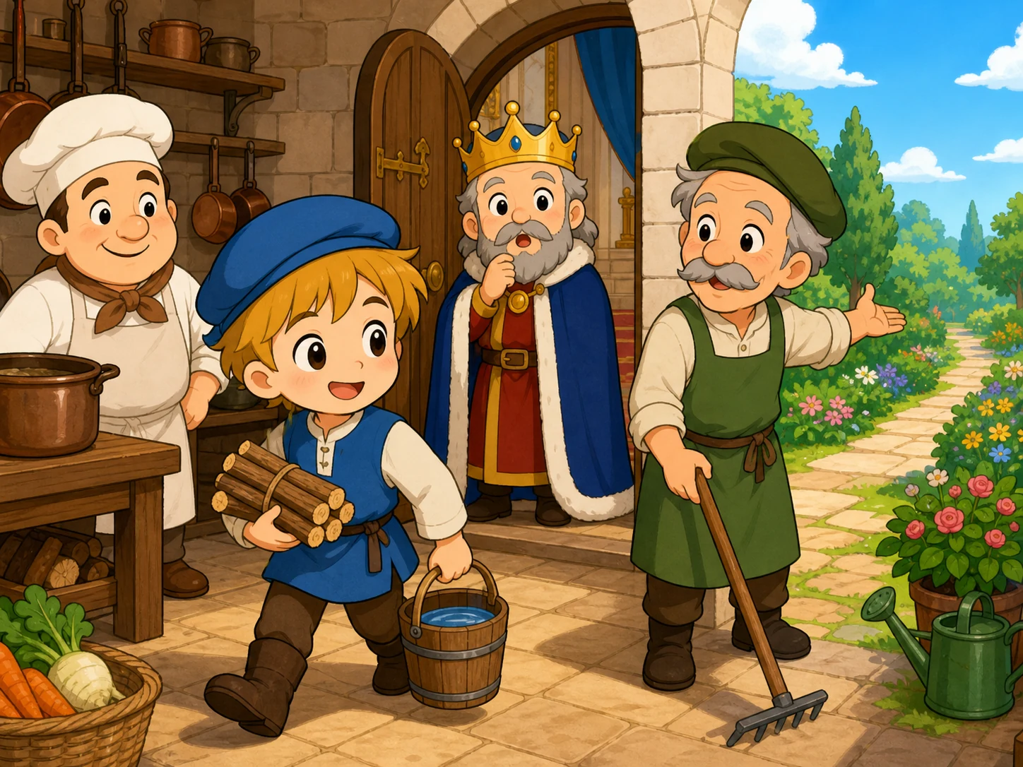大头少年在温暖王宫厨房里工作，用小帽遮住金发，厨子和国王露出夸张的故事书惊讶表情。