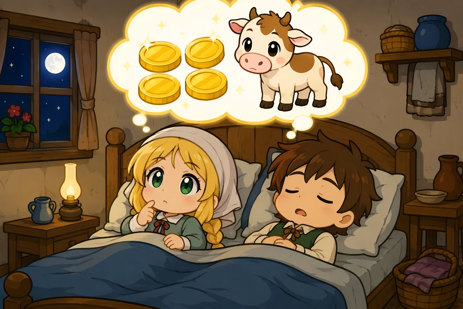 夜晚温暖小屋里,累坏的大头莉莎却睁眼睡不着,轻轻撞醒困倦的伦茨;明亮想象泡里有四枚金币和一头小母牛,画面粗黑赛璐珞线条、暖亮平涂、非水彩、简约日式故事书卧室。