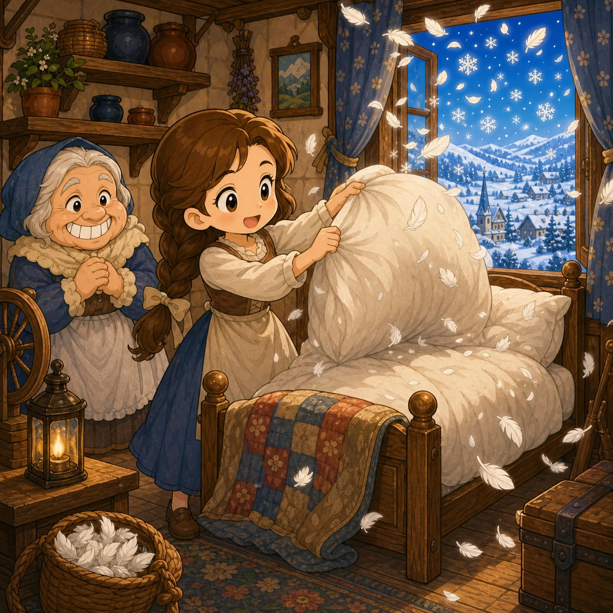 霍勒大妈温和地笑着，姑娘抖动羽绒床，窗外飘起雪花。