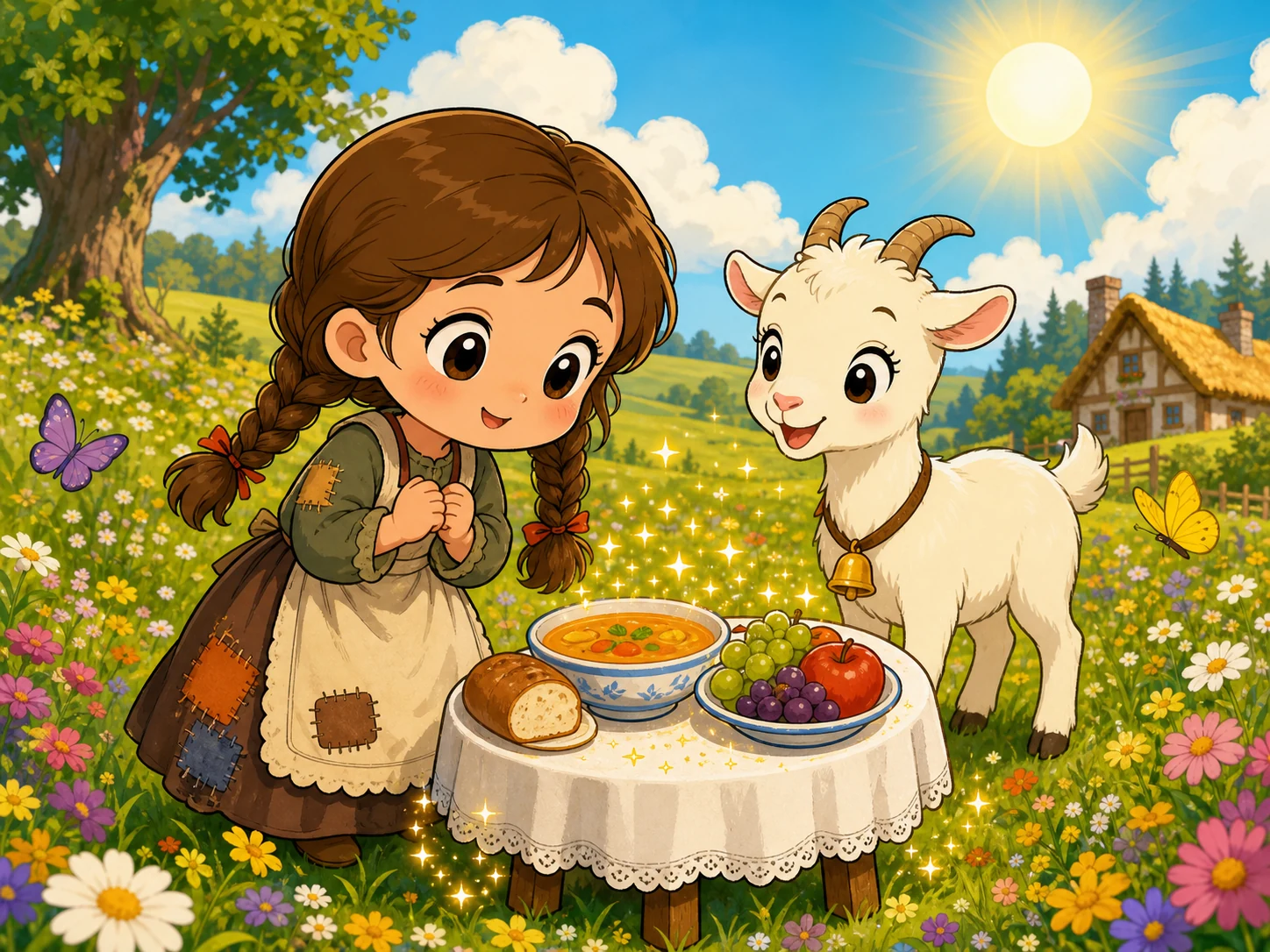 两只眼惊喜地望着摆满热腾腾食物的小桌，小羊在旁边神气地咩咩叫；人物为2-3头身大头卡通，粗黑赛璐珞线条、暖亮平涂，背景是简约非水彩日式故事绘本草地。